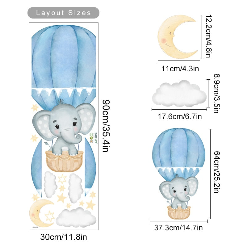 Cartoon Wall Decals Elephant Hot Air Balloon