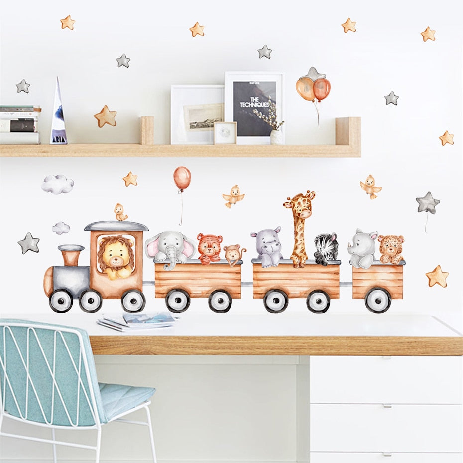 Cartoon Wall Decals Train With Jungle Animals