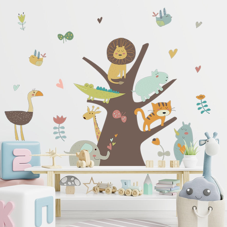 Cartoon Wall Decals Tree with African Animals