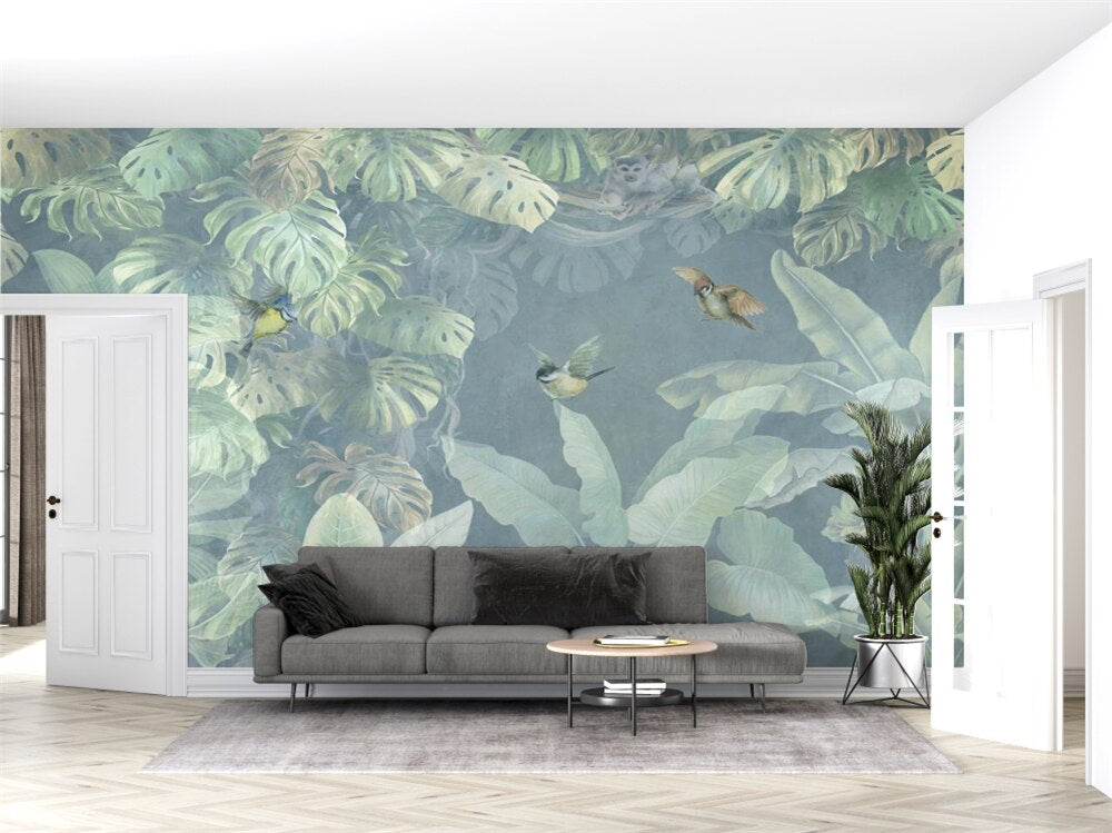 Plants and Birds Light Green Wallpaper Mural