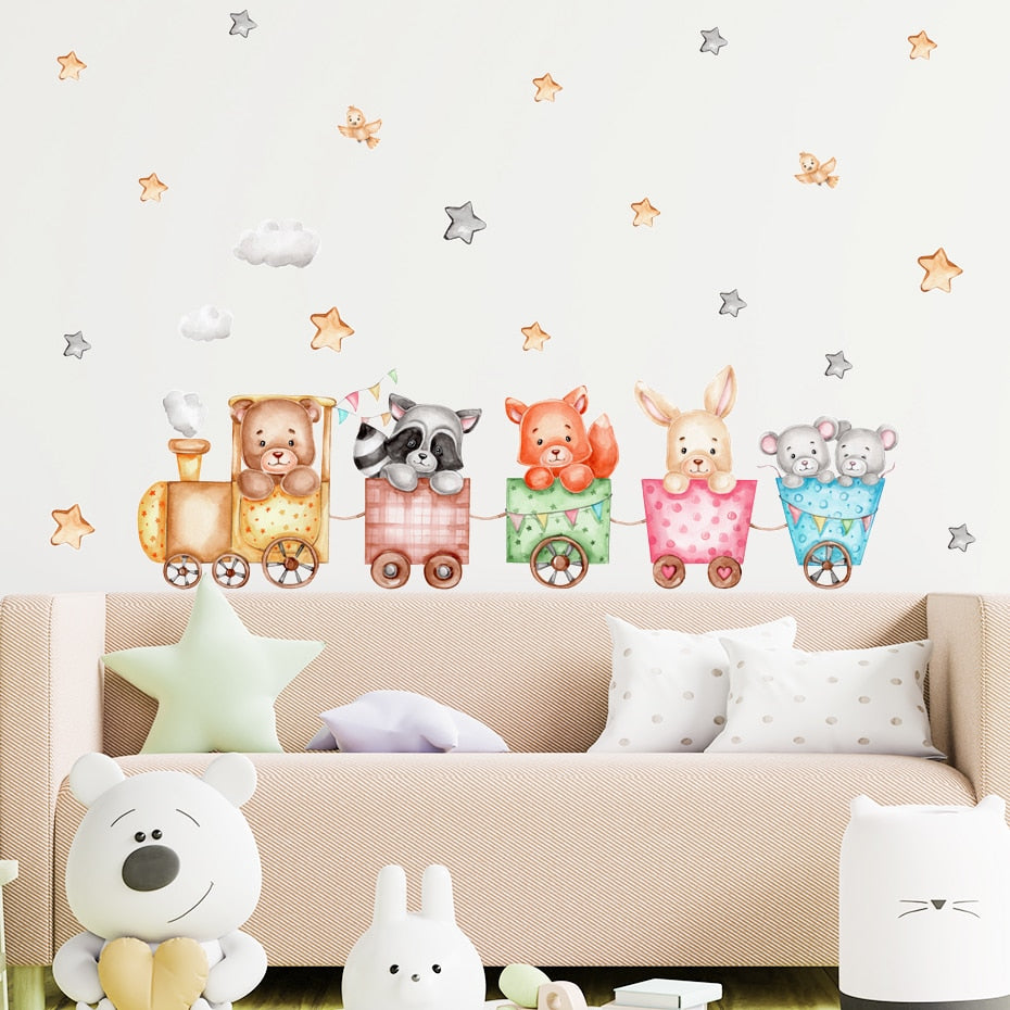 Cartoon Wall Decals Train With Jungle Animals