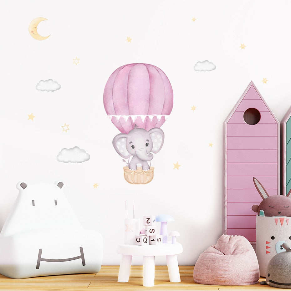 Cartoon Wall Decals Elephant Hot Air Balloon