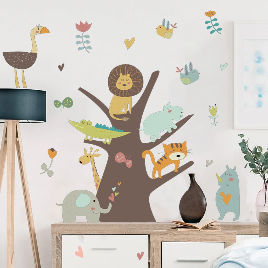 Cartoon Wall Decals Tree with African Animals