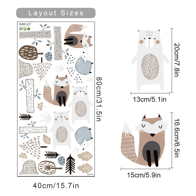 Cartoon Wall Decals Bear Fox Hedgehogs Tree