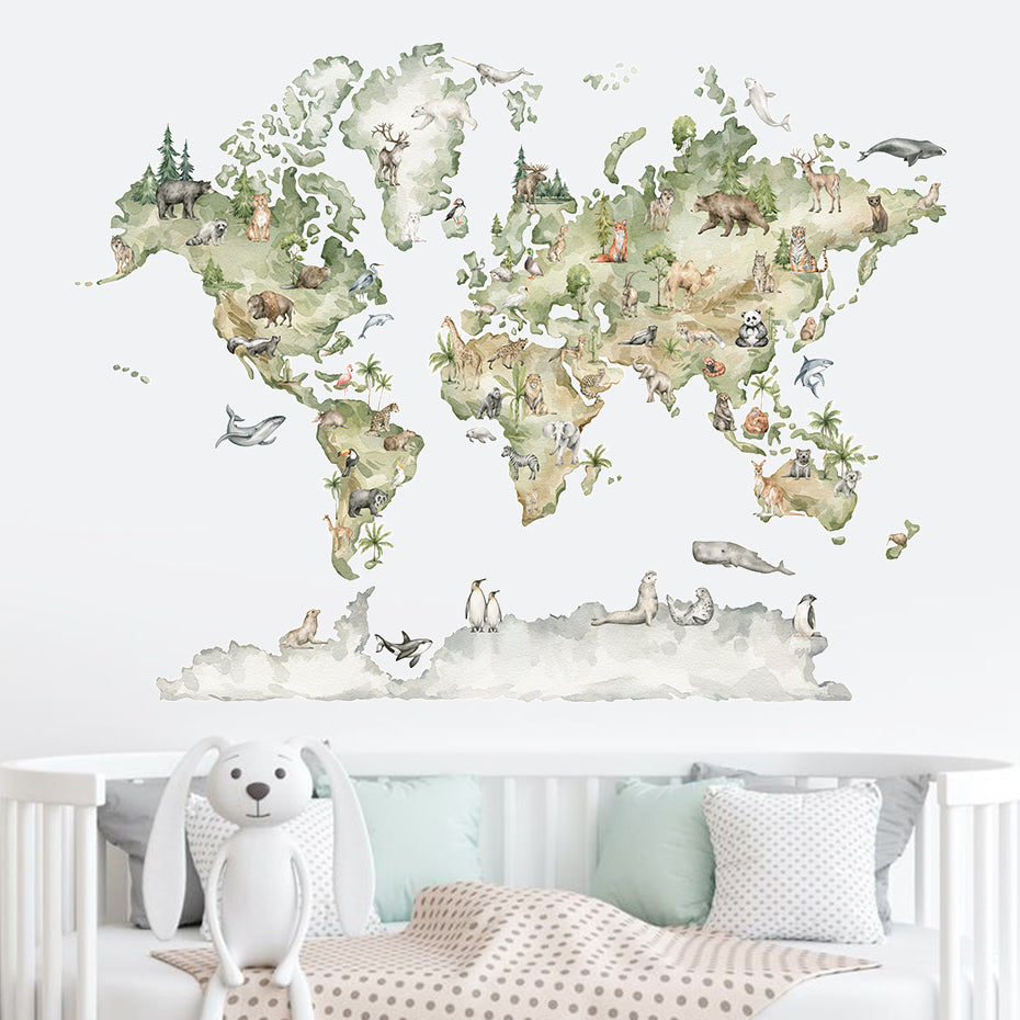 World Map Animals Wildlife Wall Decal