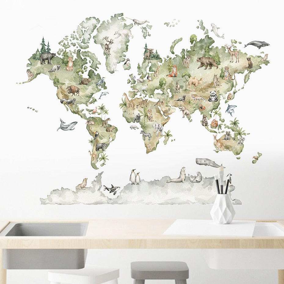 World Map Animals Wildlife Wall Decal