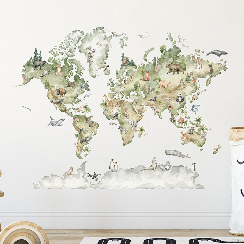 World Map Animals Wildlife Wall Decal