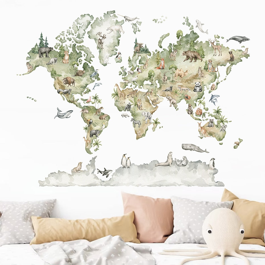 World Map Animals Wildlife Wall Decal