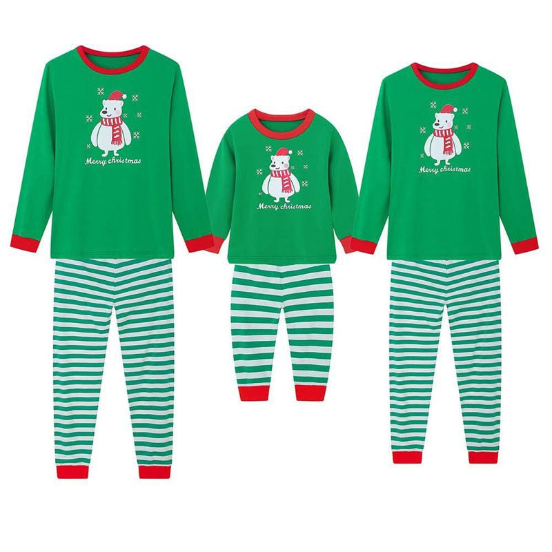 Matching Christmas Pajamas Family Set - Green Stripes Bear