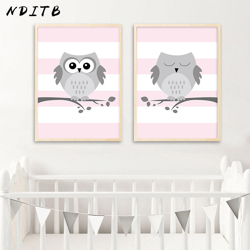 Pink Baby Owl Nursery Canvas Posters