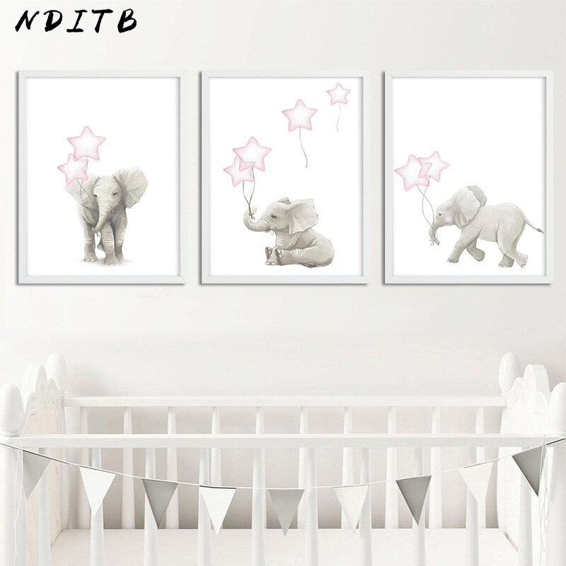 Elephant And Heart Balloons Nursery Canvas Posters