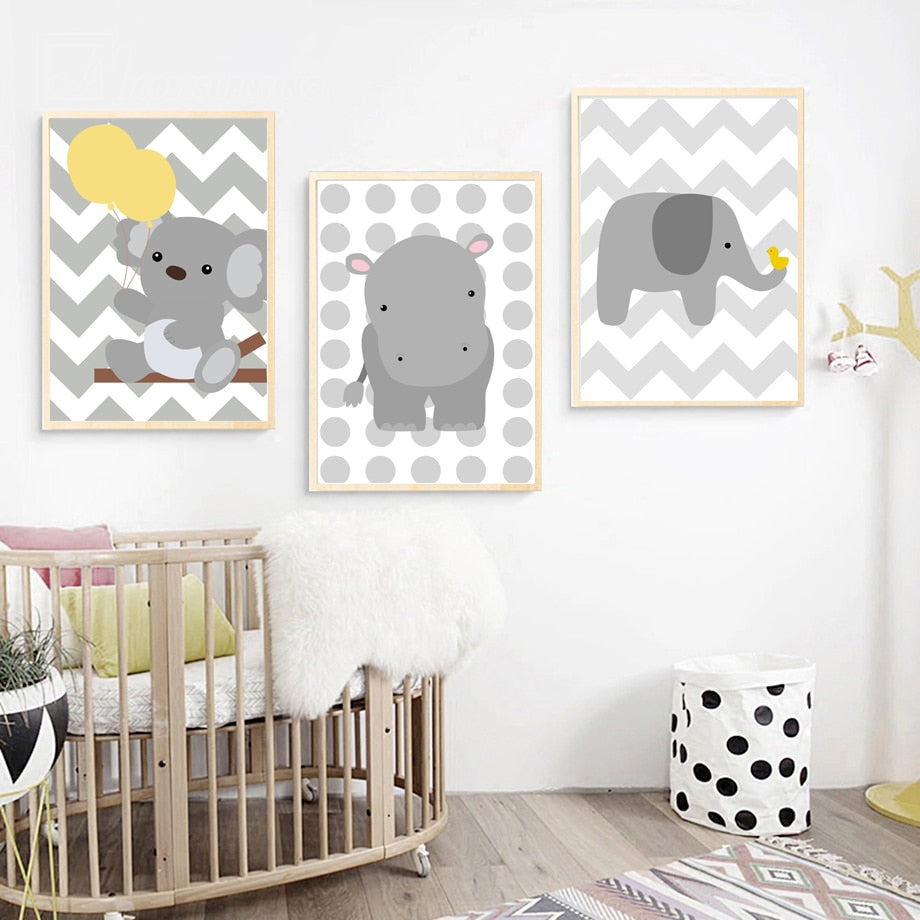 Baby Bear Elephant Hippo Nursery Canvas Posters
