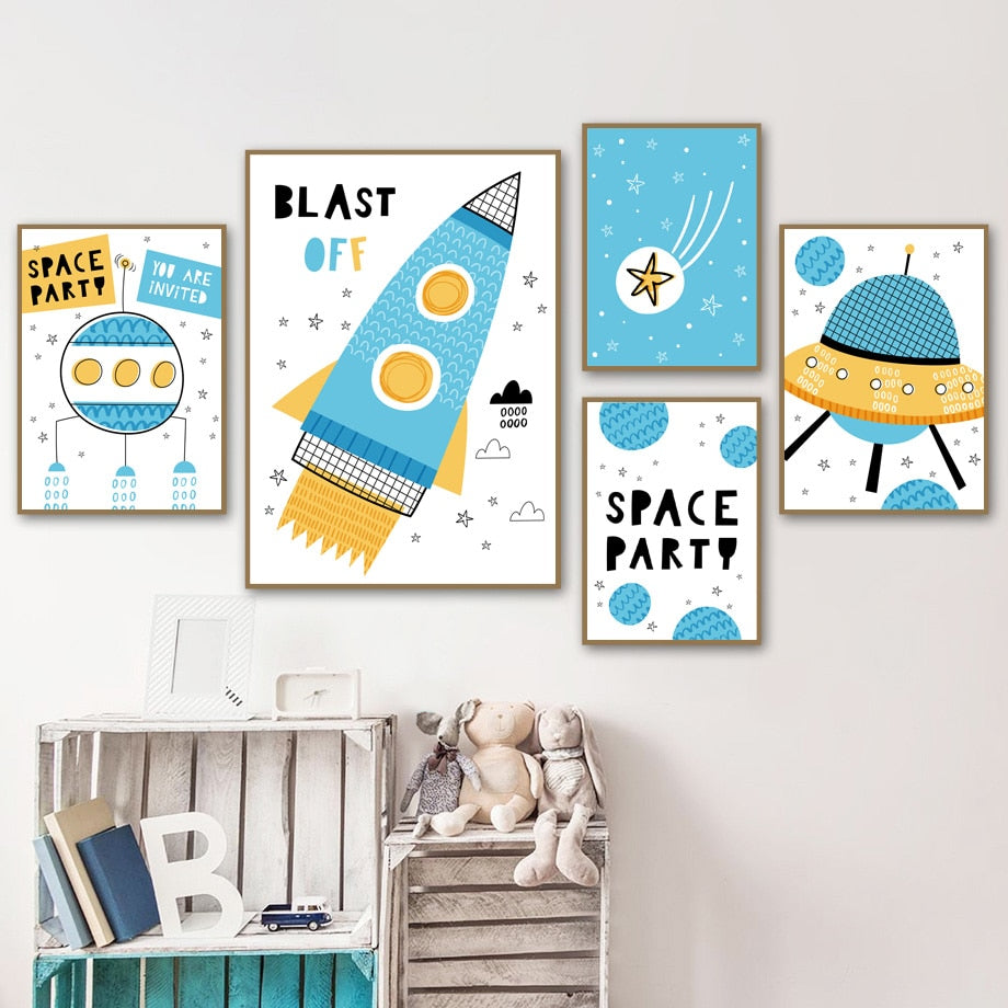 Space Rocket And UFO Nursery Canvas Posters
