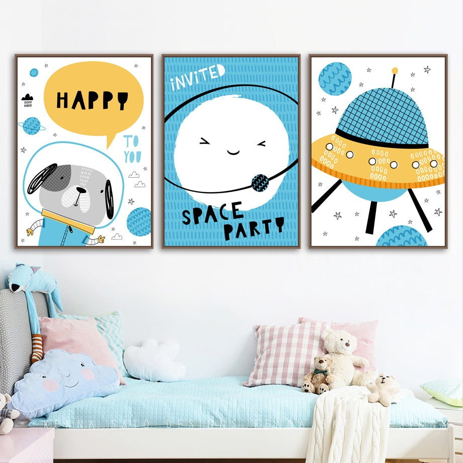 Space Rocket And UFO Nursery Canvas Posters