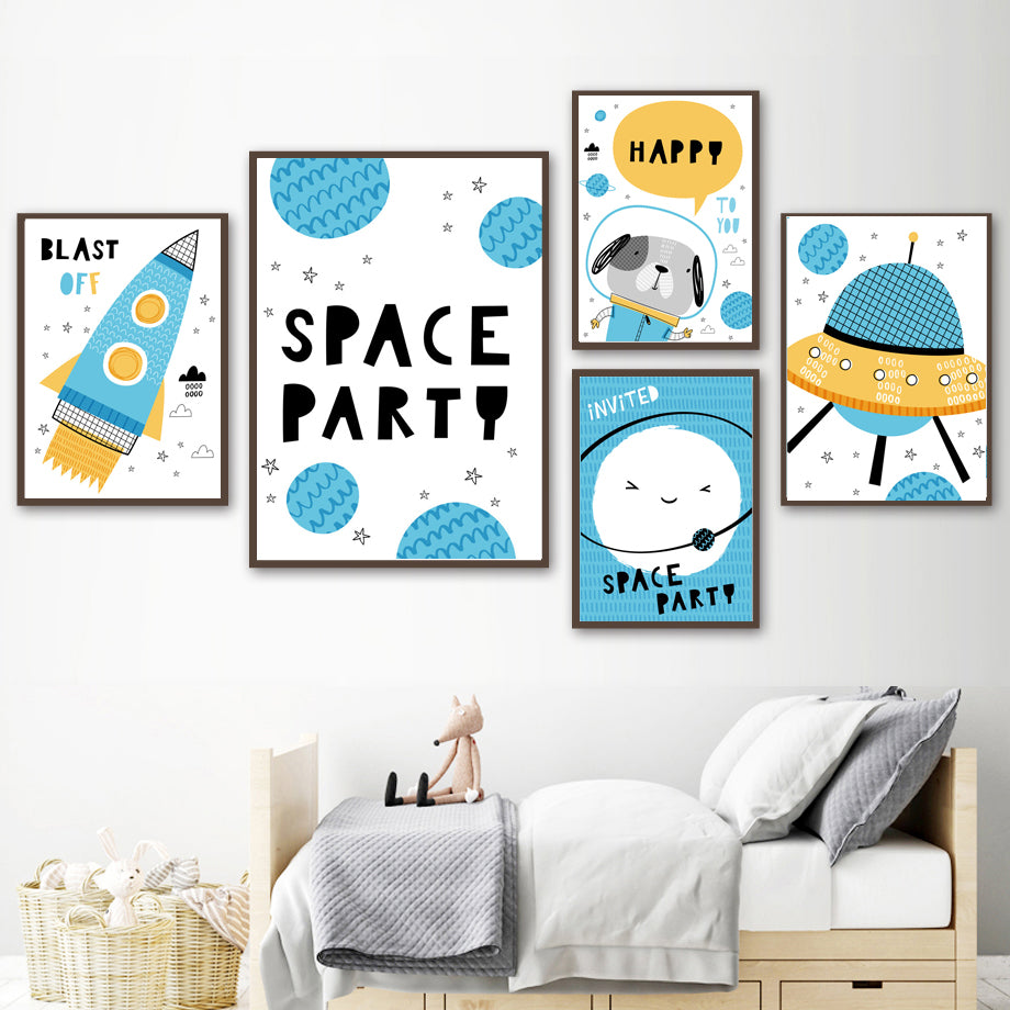 Space Rocket And UFO Nursery Canvas Posters