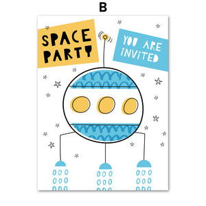 Space Rocket And UFO Nursery Canvas Posters