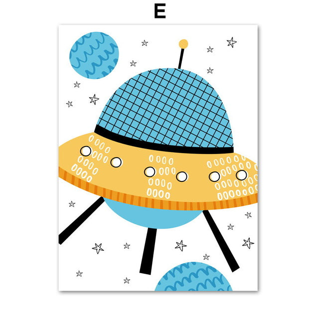 Space Rocket And UFO Nursery Canvas Posters